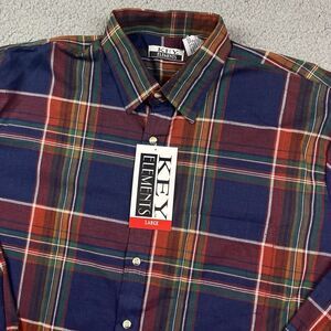 Vintage Key Elements 90's Button Shirt Plaid‎ Blue Red Long Sleeve Large NOS